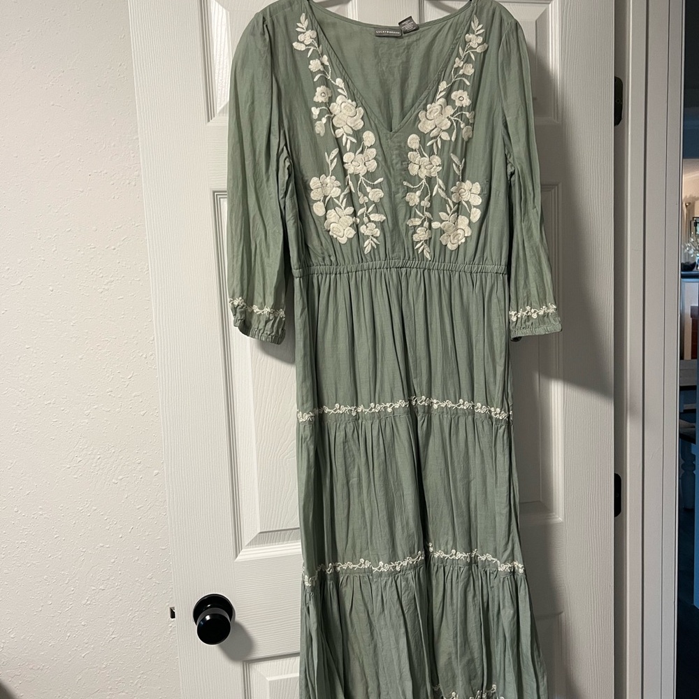 Lucky Brand Sage Green Embroidered V-Neck Maxi Dress